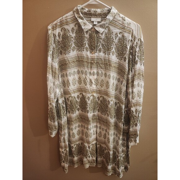 J. Jill Sand Dune Long Sleeve Sheer Button Down Tunic Side Slits Paisley Size MP - Picture 1 of 5